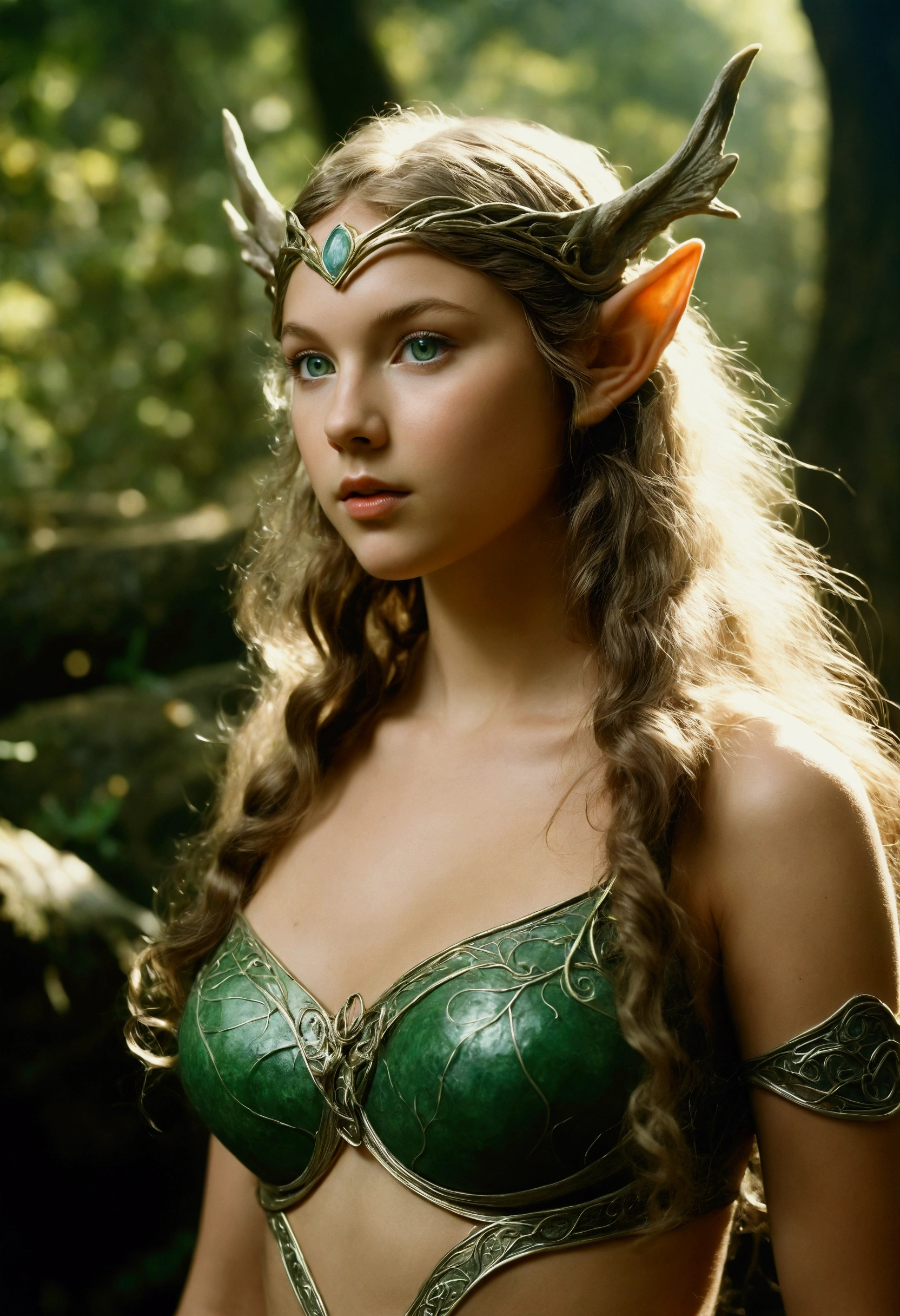 analog film photo, photo of a young elven girl, 18 years old, elf ears, jade eyes, dark, long messy waves, sun-tanned complexion, olive skintone, Amazonian stature, voluptuous hourglass figure, busty bosom, narrow waist, full hips, big plump buttocks, wearing elven undergarments, resembles Taylorr Swift, strolling through a fantasy landscape, RAW Photograph, dslr, soft lighting, high quality, film grain, Fujifilm XT3, detailed skin with visible pores, insane details, masterpiece, 8k, 35mm photograph, dslr, kodachrome, faded film, desaturated, grainy, vintage, Lomography, stained, highly detailed, found footage, close-up shot, elven ears
