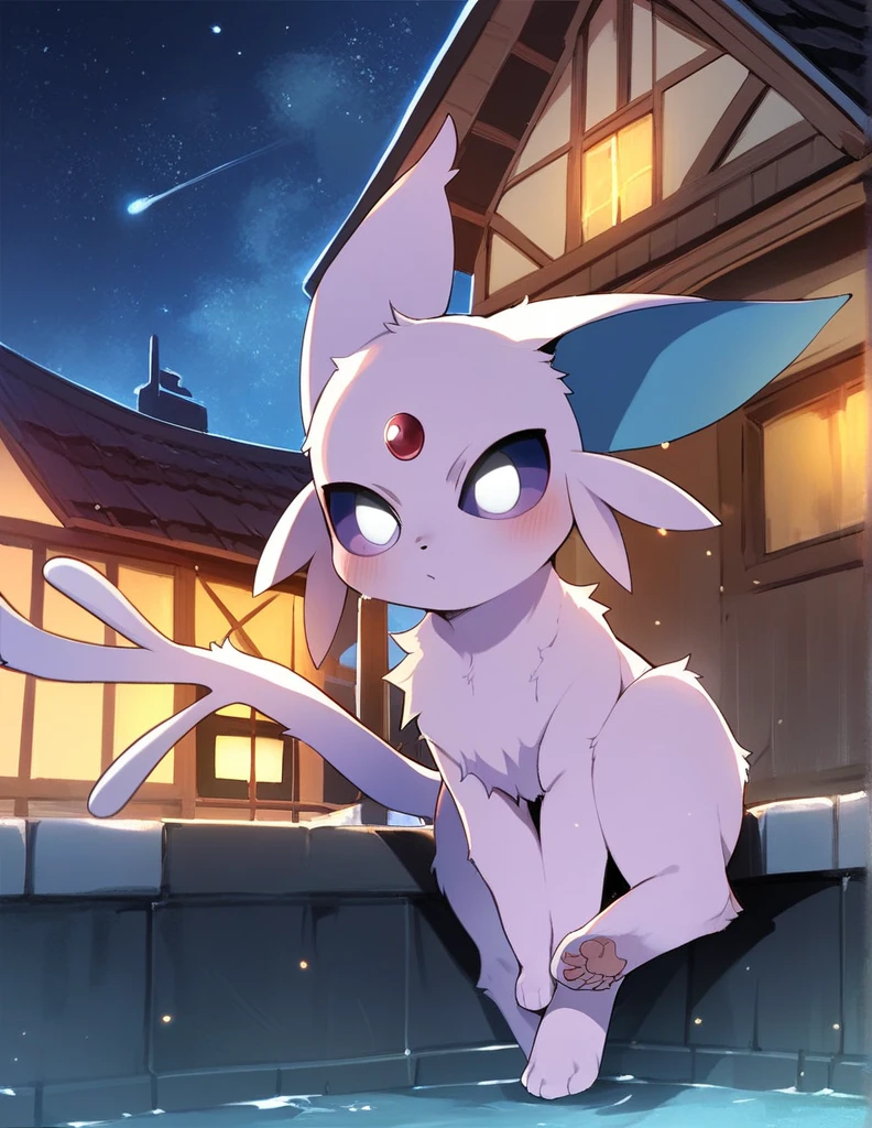 dagasi, Fur on the body, account_9, account_8_grown, account_7_grown, account_6_grown, source_anime, Espeon, female, with purple sclera, white eyes, Sitting on the roof of a house, admiring the starry sky, looking up, Night time