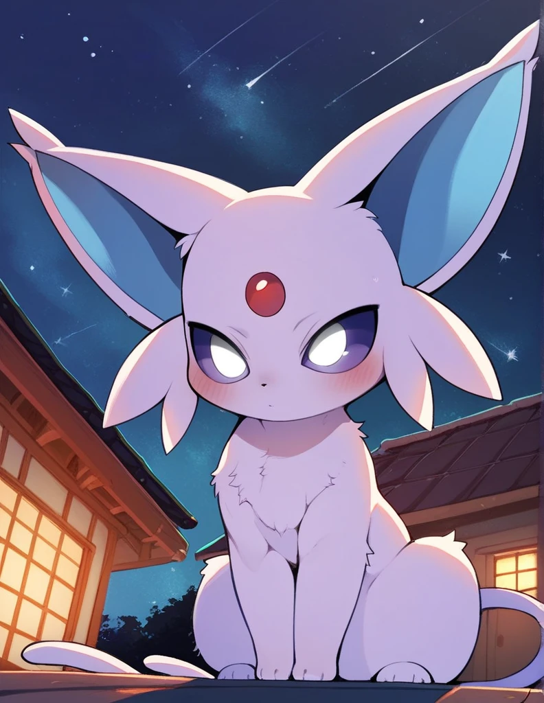 dagasi, Fur on the body, account_9, account_8_grown, account_7_grown, account_6_grown, source_anime, Espeon, female, with purple sclera, white eyes, Sitting on the roof of a house, admiring the starry sky, looking up, Night time