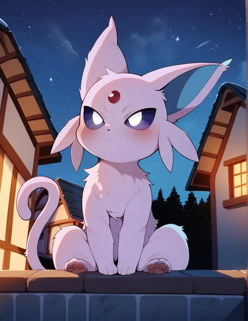 dagasi, Fur on the body, account_9, account_8_grown, account_7_grown, account_6_grown, source_anime, Espeon, female, with purple sclera, white eyes, Sitting on the roof of a house, admiring the starry sky, looking up, Night time