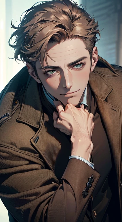 (best quality,4k,8k,highres,masterpiece:1.2),ultra-detailed,(realistic,photorealistic,photo-realistic:1.37),cinematic lighting,1:4 hdr image,a mature man, 29 years old,very handsome,cold expression smile in love, short grey brown hair, green eyes,flawless face,buttoning his jacket,CEO