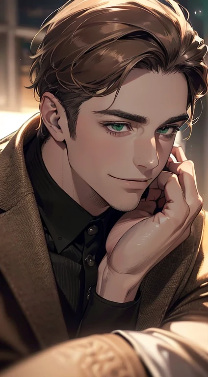 (best quality,4k,8k,highres,masterpiece:1.2),ultra-detailed,(realistic,photorealistic,photo-realistic:1.37),cinematic lighting,1:4 hdr image,a mature man, 29 years old,very handsome,cold expression smile in love, short grey brown hair, green eyes,flawless face,buttoning his jacket,CEO
