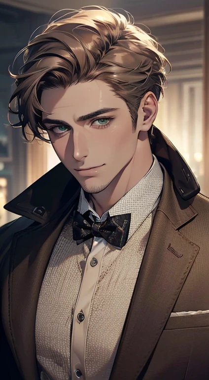 (best quality,4k,8k,highres,masterpiece:1.2),ultra-detailed,(realistic,photorealistic,photo-realistic:1.37),cinematic lighting,1:4 hdr image,a mature man, 29 years old,very handsome,cold expression smile in love, short grey brown hair, green eyes,flawless face,buttoning his jacket,CEO