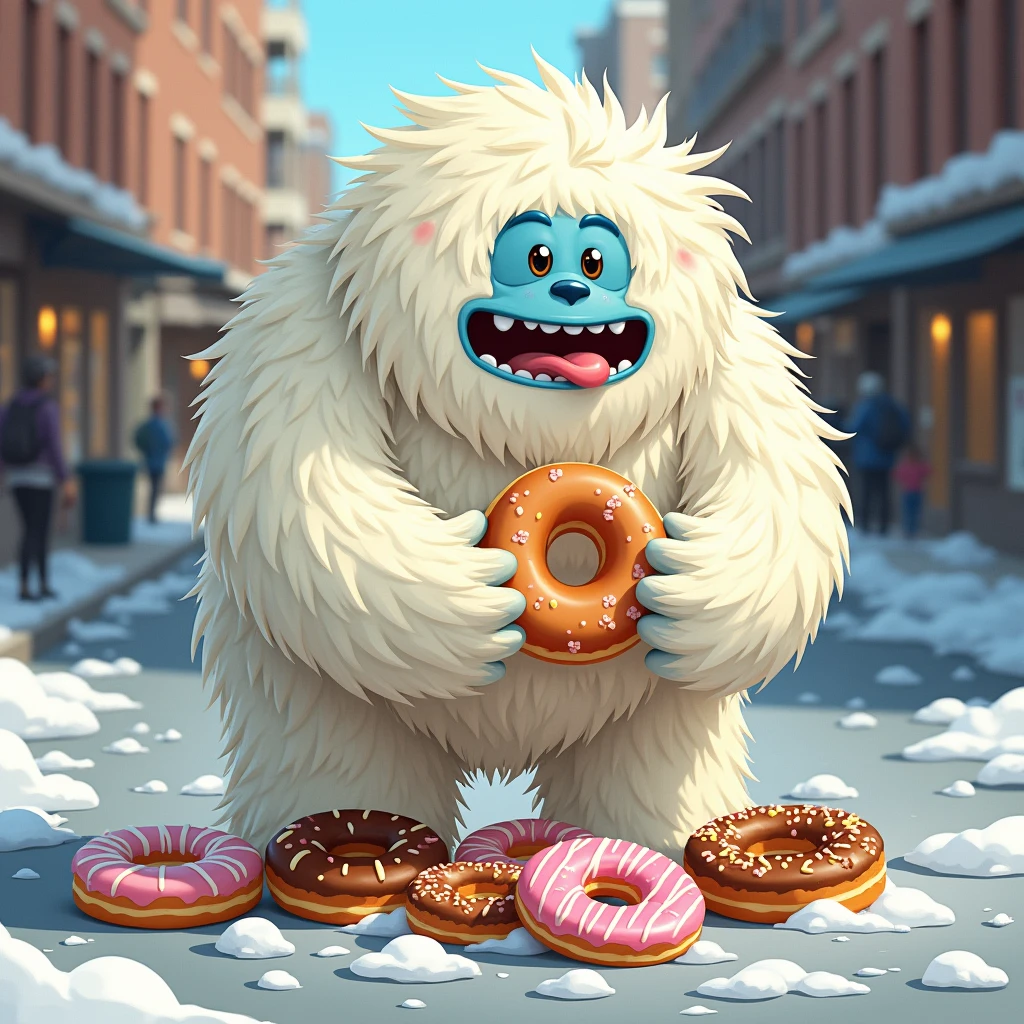 I'd like an illustration of a Yeti eating a lot of donuts on the street.!