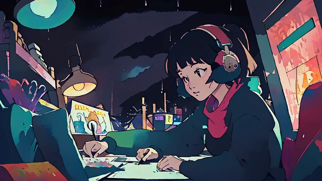Asian woman studying in the room, dream, Wear headphones, night lighting, Neon scenery on a rainy day, Analog Color Theme, Lo-fi hip hop , revue, flat, 2.5D ,Draw a line, Ink Painting, Large slope, watercolor, Goosh Colors, Studio Ghibli Style, Amazing colors, Outerton, Krautlock, Lofi Art, 70s style,Old Texture, amplitude,Psychedelic atmosphere, masterpiece, Amazing technology,