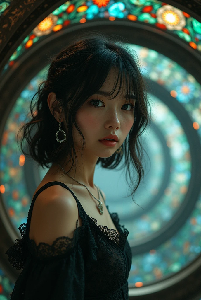 Masterpiece 32K RAW photo with best quality, ultra-detailed and insanely intricate. A dynamic angle captures a mysterious scene with spiral theme, featuring an 18-year-old beautiful Japanese girl with fair skin, kawaii features. She has brown, big eyes, casual wavy medium hair, detailed skin, and wears a detailed dress with intricate fabric, a necklace, and earrings. She is standing near a spiral staircase surrounded by walls made of stained glass.