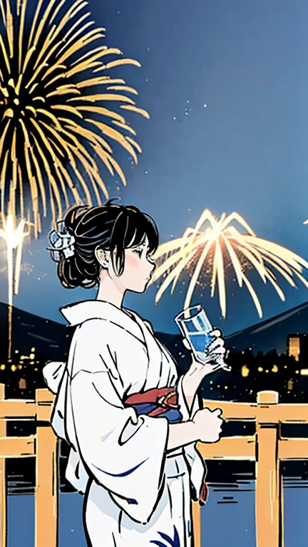 A highly realistic 4K image of a Japanese woman wearing a traditional yukata. she is standing at night, She holds a small cup of water in one hand, The scene is set before a lively fireworks festival. The fireworks illuminate the night sky with vibrant colors. background, Mount Fuji is visible in the distance, Her silhouette is subtly illuminated by the fireworks. This scene captures a peaceful and celebratory atmosphere, The woman appears serene、Her yukata is adorned with intricate patterns.