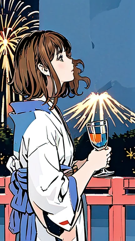 A highly realistic 4K image of a Japanese woman wearing a traditional yukata. she is standing at night, She holds a small cup of water in one hand, The scene is set before a lively fireworks festival. The fireworks illuminate the night sky with vibrant colors. background, Mount Fuji is visible in the distance, Her silhouette is subtly illuminated by the fireworks. This scene captures a peaceful and celebratory atmosphere, The woman appears serene、Her yukata is adorned with intricate patterns.