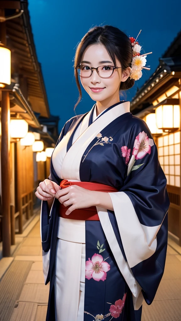 (Super beautiful woman in kimono)、((highest quality、8K masterpiece:1.3))、sharp focus:1.2、(super beautiful face:1.0)、(shiny skin:1.0)、realistic pictures、black hair、video lighting、High resolution eyes and face、video lighting、japanese actress、from the front、big breasts、with a happy smile、Slender abs beauty、whole body、wearing a kimono、in Kyoto、(((luxury obi)))、In Kyoto at night、wearing glasses with no edge、with a fan、Fireworks Display