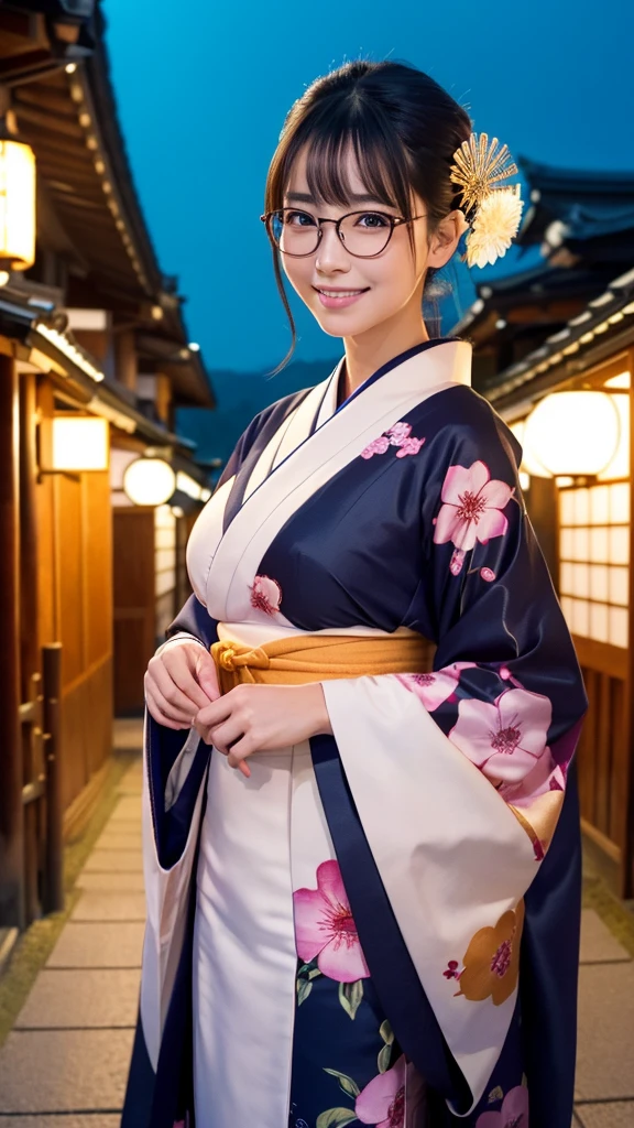 (Super beautiful woman in kimono)、((highest quality、8K masterpiece:1.3))、sharp focus:1.2、(super beautiful face:1.0)、(shiny skin:1.0)、realistic pictures、black hair、video lighting、High resolution eyes and face、video lighting、japanese actress、from the front、big breasts、with a happy smile、Slender abs beauty、whole body、wearing a kimono、in Kyoto、(((luxury obi)))、In Kyoto at night、wearing glasses with no edge、with a fan、Fireworks Display