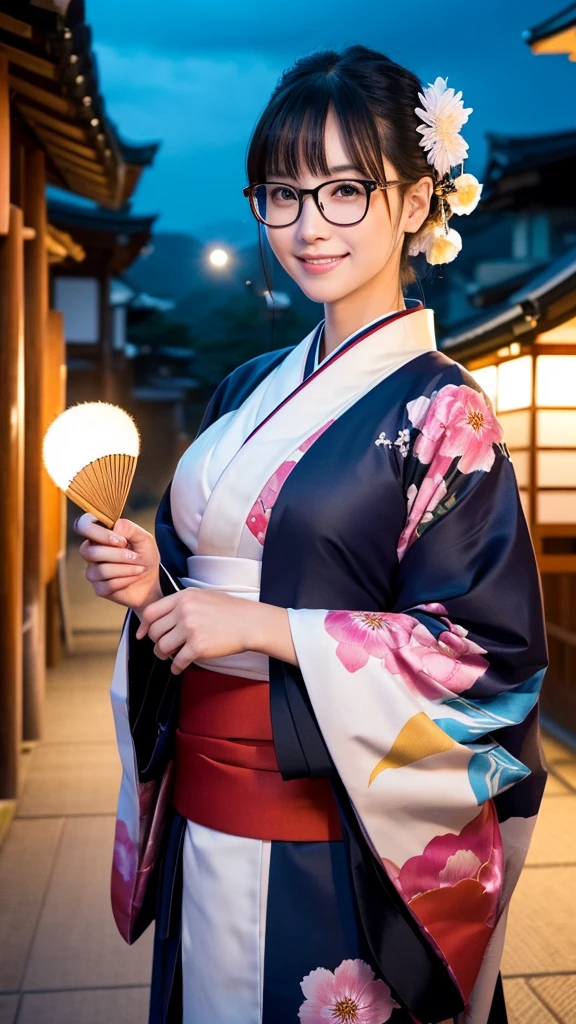 (Super beautiful woman in kimono)、((highest quality、8K masterpiece:1.3))、sharp focus:1.2、(super beautiful face:1.0)、(shiny skin:1.0)、realistic pictures、black hair、video lighting、High resolution eyes and face、video lighting、japanese actress、from the front、big breasts、with a happy smile、Slender abs beauty、whole body、wearing a kimono、in Kyoto、(((luxury obi)))、In Kyoto at night、wearing glasses with no edge、with a fan、Fireworks Display
