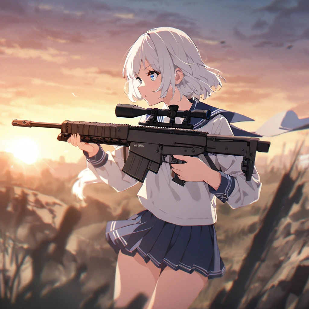 One woman,Sniper,sniper rifle,Barrett M72,A very long barrel. The woman is wearing a sailor uniform.,mini skirt,Blowing in the Wind ((blue eyes,White Hair)) The woman is a survival game avatar,Playing a battle royale,Whole body,Sniping,profile,Filmography,Taking aim, dust swirls.,A little blurry,sunset,sun,wilderness,It's going to be slaughtered