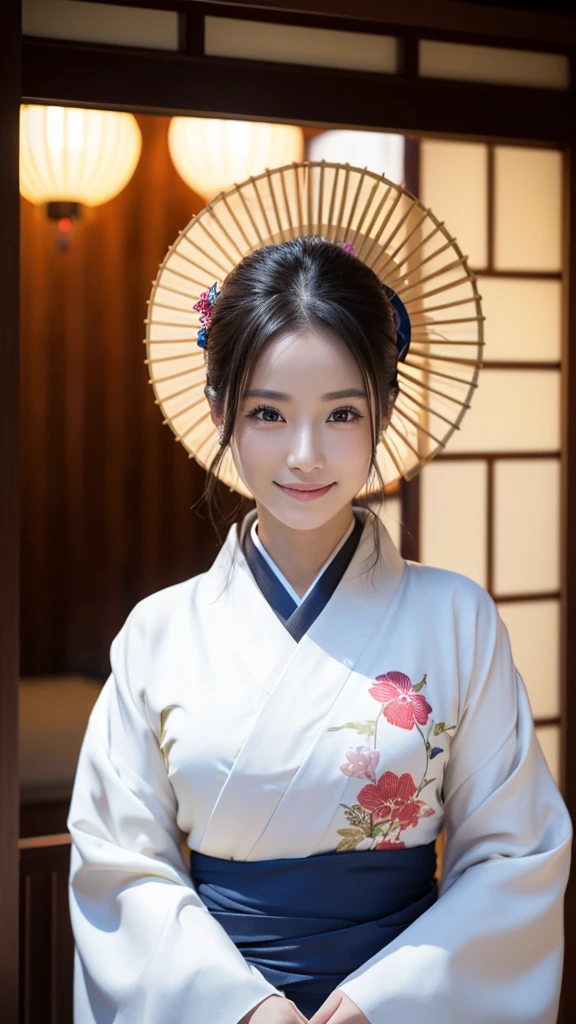 (Super beautiful woman in kimono)、((highest quality、8K masterpiece:1.3))、sharp focus:1.2、(super beautiful face:1.0)、(shiny skin:1.0)、realistic pictures、black hair、video lighting、High resolution eyes and face、video lighting、japanese actress、from the front、with a happy smile、whole body、wearing a kimono、in Kyoto、(luxury obi)、with a fan、Fireworks Display