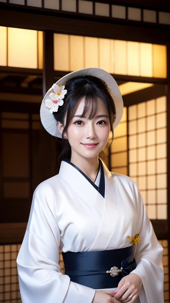 (Super beautiful woman in kimono)、((highest quality、8K masterpiece:1.3))、sharp focus:1.2、(super beautiful face:1.0)、(shiny skin:1.0)、realistic pictures、black hair、video lighting、High resolution eyes and face、video lighting、japanese actress、from the front、with a happy smile、whole body、wearing a kimono、in Kyoto、(luxury obi)、with a fan、Fireworks Display