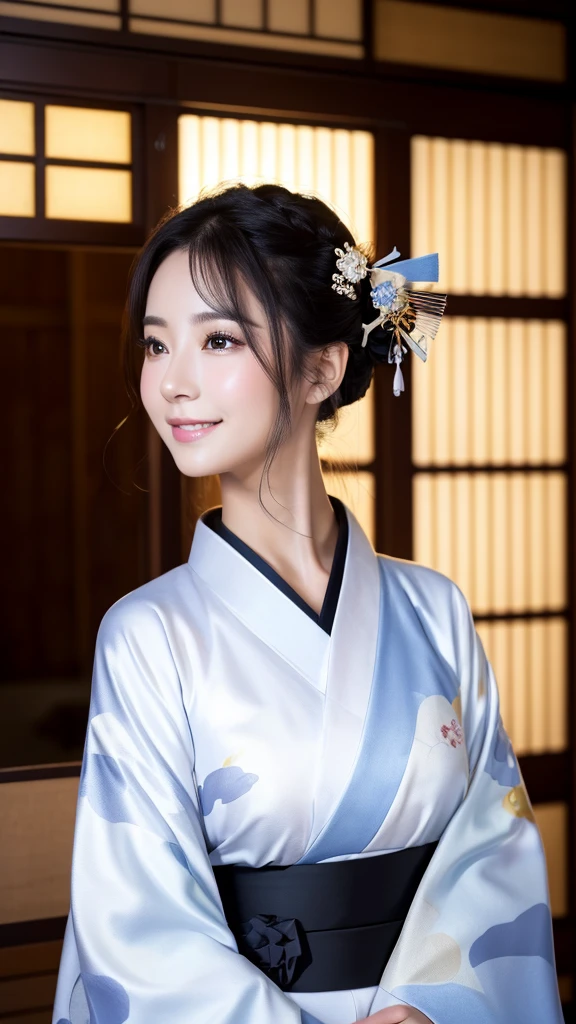 (Super beautiful woman in kimono)、((highest quality、8K masterpiece:1.3))、sharp focus:1.2、(super beautiful face:1.0)、(shiny skin:1.0)、realistic pictures、black hair、video lighting、High resolution eyes and face、video lighting、japanese actress、from the front、with a happy smile、whole body、wearing a kimono、in Kyoto、(luxury obi)、with a fan、Fireworks Display