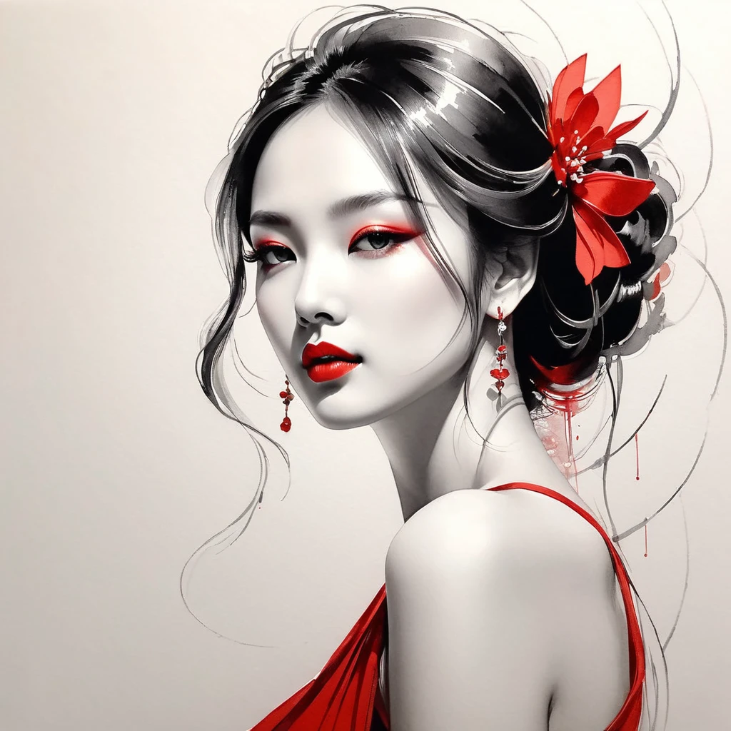 elegant maiden,black andwhite水墨画,pen sketch drawing,loose brushwork,Pen outlines delicate lines,Fluid action,Subtle shades of paint,elegant posture,A peaceful expression,Delicate facial features,black andwhite,to clean, small red color.