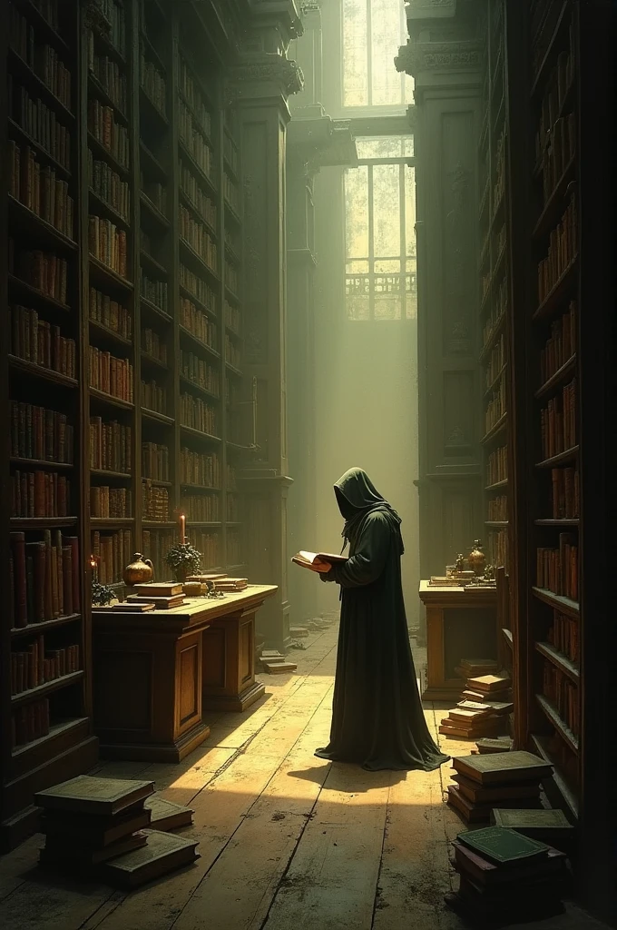A mysterious, dimly lit library with ancient books