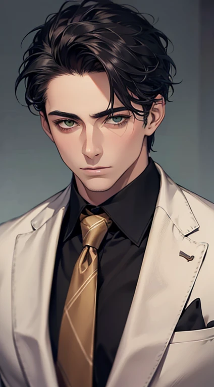 (Highest quality,4K,8K,High resolution,masterpiece:1.2),Super detailed,(Realistic,photoRealistic,photo-Realistic:1.37),1 person,35 years old,Mature Men,Beautiful skin、very handsome,Expressionless,Short gray Black hair,green eyes,Sharp Eyes,A perfect face without a doubt,Businessman, CEO, Office Background,Cinema Lighting,HDR image,tie、