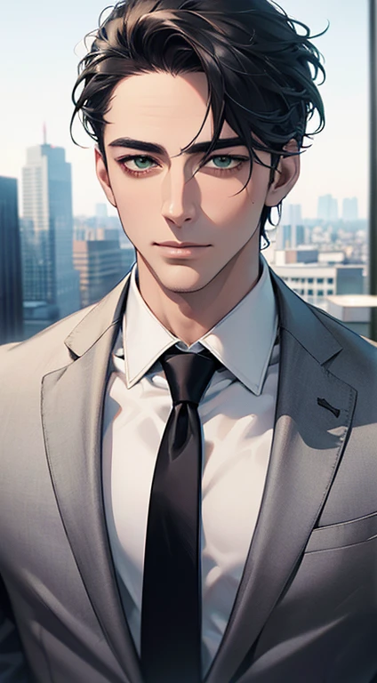 (Highest quality,4K,8K,High resolution,masterpiece:1.2),Super detailed,(Realistic,photoRealistic,photo-Realistic:1.37),1 person,35 years old,Mature Men,Beautiful skin、very handsome,Expressionless,Short gray Black hair,green eyes,Sharp Eyes,A perfect face without a doubt,Businessman, CEO, Office Background,Cinema Lighting,HDR image,tie、