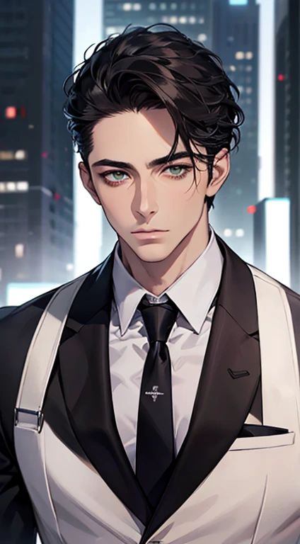 (Highest quality,4K,8K,High resolution,masterpiece:1.2),Super detailed,(Realistic,photoRealistic,photo-Realistic:1.37),1 person,35 years old,Mature Men,Beautiful skin、very handsome,Expressionless,Short gray Black hair,green eyes,Sharp Eyes,A perfect face without a doubt,Businessman, CEO, Office Background,Cinema Lighting,HDR image,tie、