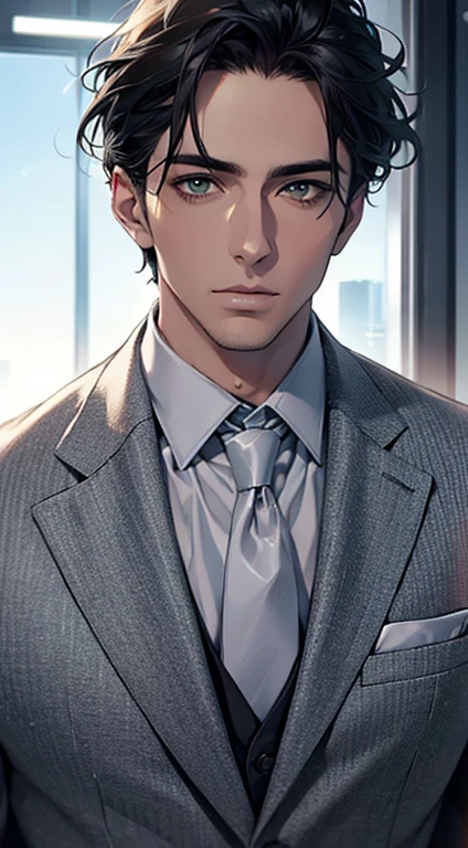 (Highest quality,4K,8K,High resolution,masterpiece:1.2),Super detailed,(Realistic,photoRealistic,photo-Realistic:1.37),1 person,35 years old,Mature Men,Beautiful skin、very handsome,Expressionless,Short gray Black hair,green eyes,Sharp Eyes,A perfect face without a doubt,Businessman, CEO, Office Background,Cinema Lighting,HDR image,tie、