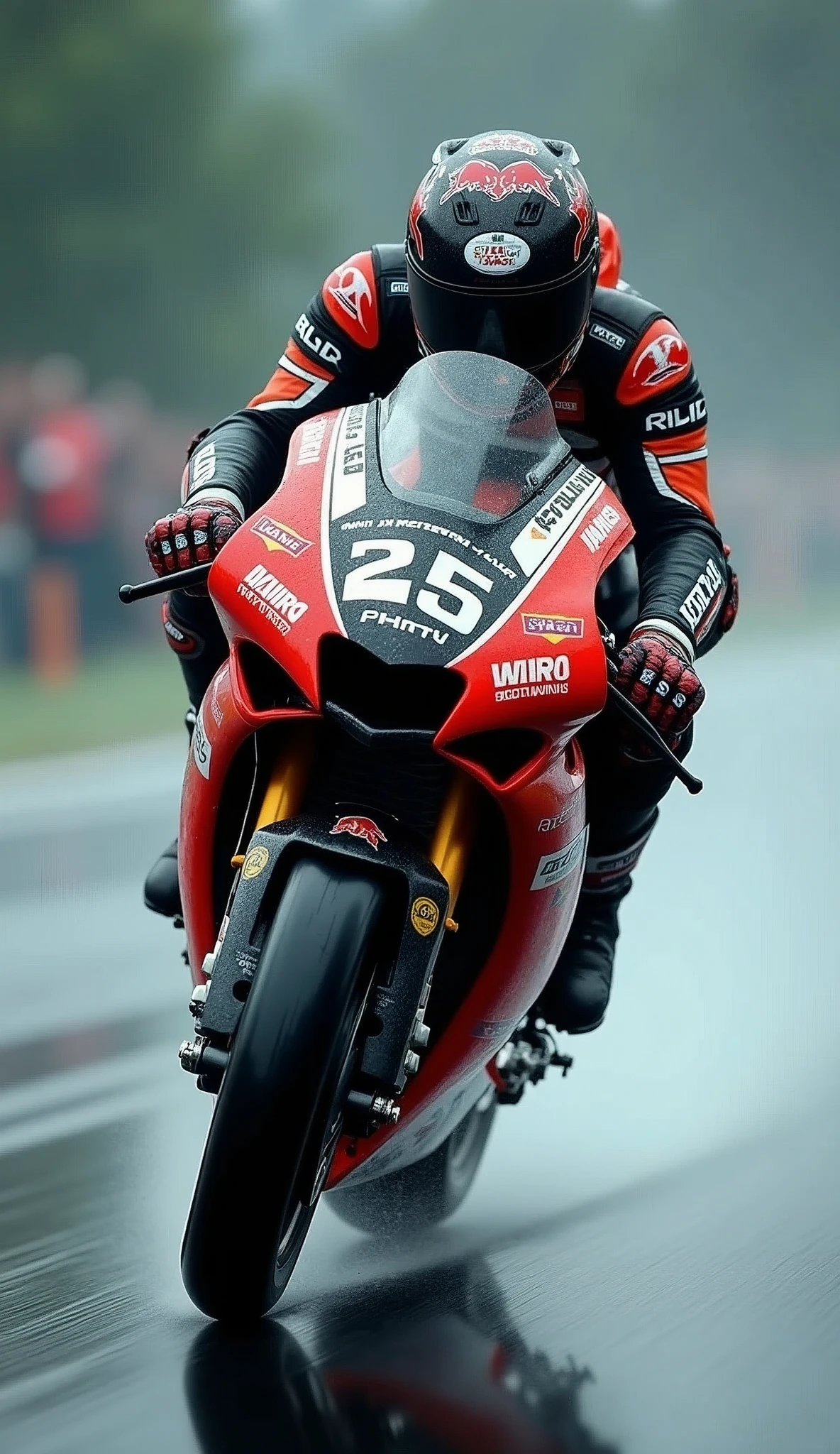 The image captures a moment of high-speed motorcycling, likely during a competitive event given the presence of an audience and the racing attire of the rider. The focus on the motorcycle and rider conveys a sense of motion and precision. The wet track conditions suggest recent rain, which can affect the grip and handling of the bike. The lighting and shadows indicate either early morning or late evening, times when races are often held to avoid the heat of midday. The helmet and suit are designed for safety and aerodynamics, with sponsor logos indicating professional involvement. The blurred background emphasizes the speed of the motorcycle and the intensity of the moment.