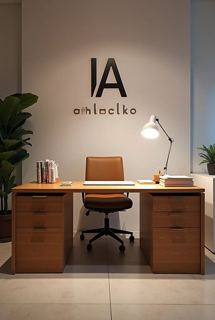 An elegantly minimalist office desk with a sign reading "IA CCS STUDIO" is the focal point of this stunning image. The sleek desk is made of polished wood, with clean lines and a modern aesthetic. The sign is simple yet bold, adding a touch of sophistication to the workspace. This photograph captures the essence of a sleek and stylish office space, with a focus on minimalism and professionalism. The image is of exceptional quality, with sharp details and crisp colors that make it visually striking. The overall impression is one of sophistication and elegance, perfect for a modern studio setting.