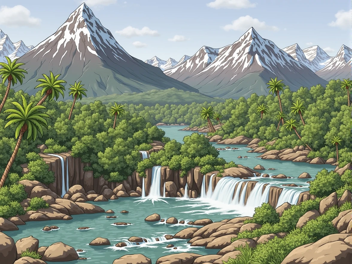 River delta waterfall, There was a tropical island coast, rugged snow-capped mountains in the background.