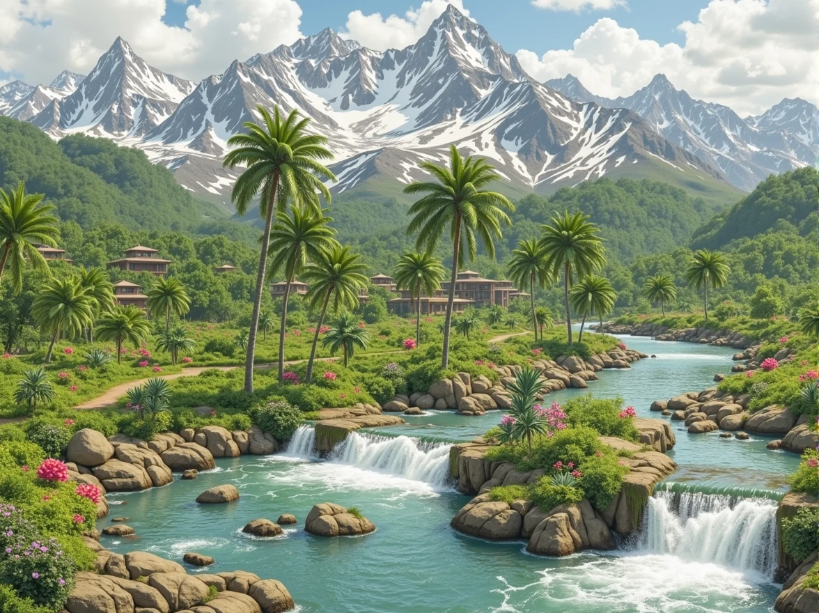 River delta waterfall, There was a tropical island coast, rugged snow-capped mountains in the background.