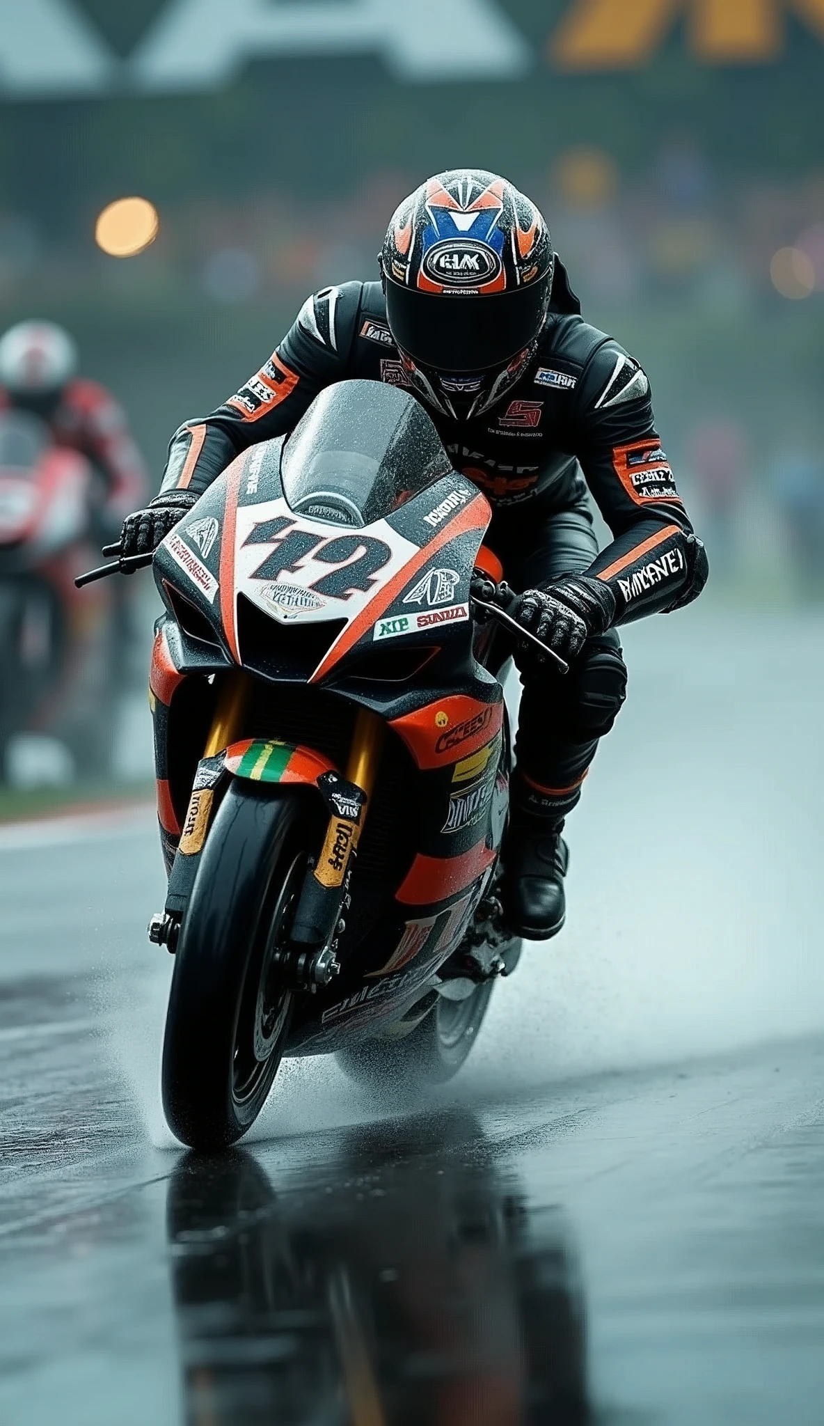 The image captures a moment of high-speed motorcycling, likely during a competitive event given the presence of an audience and the racing attire of the rider. The focus on the motorcycle and rider conveys a sense of motion and precision. The wet track conditions suggest recent rain, which can affect the grip and handling of the bike. The lighting and shadows indicate either early morning or late evening, times when races are often held to avoid the heat of midday. The helmet and suit are designed for safety and aerodynamics, with sponsor logos indicating professional involvement. The blurred background emphasizes the speed of the motorcycle and the intensity of the moment.