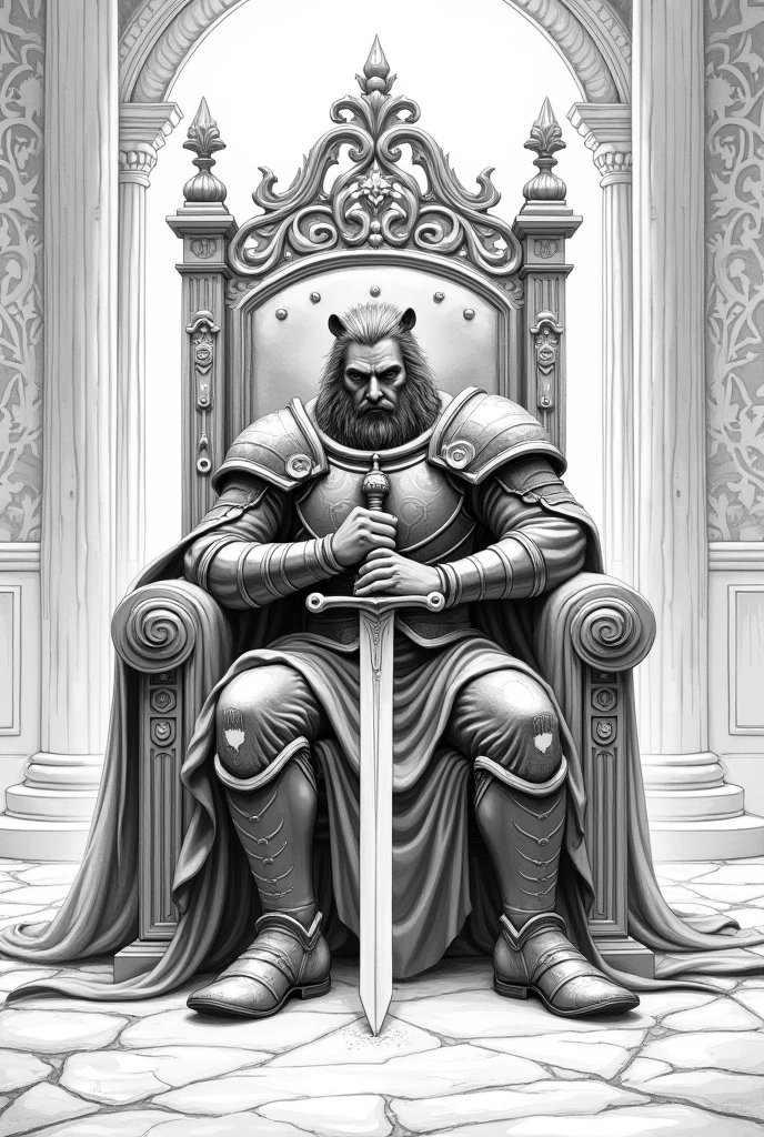 A warrior on a king's throne with a sword stuck in the ground, decorated with a black and white pencil drawing of a bear.