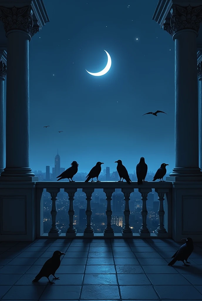 A balcony of a building with a space in the middle, the night, with crows around