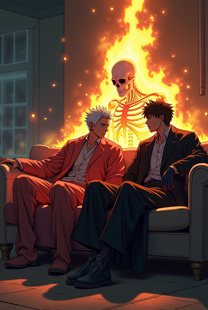 In anime style Create madara uchiha and ghost rider and gojo saturo sit casually on couch