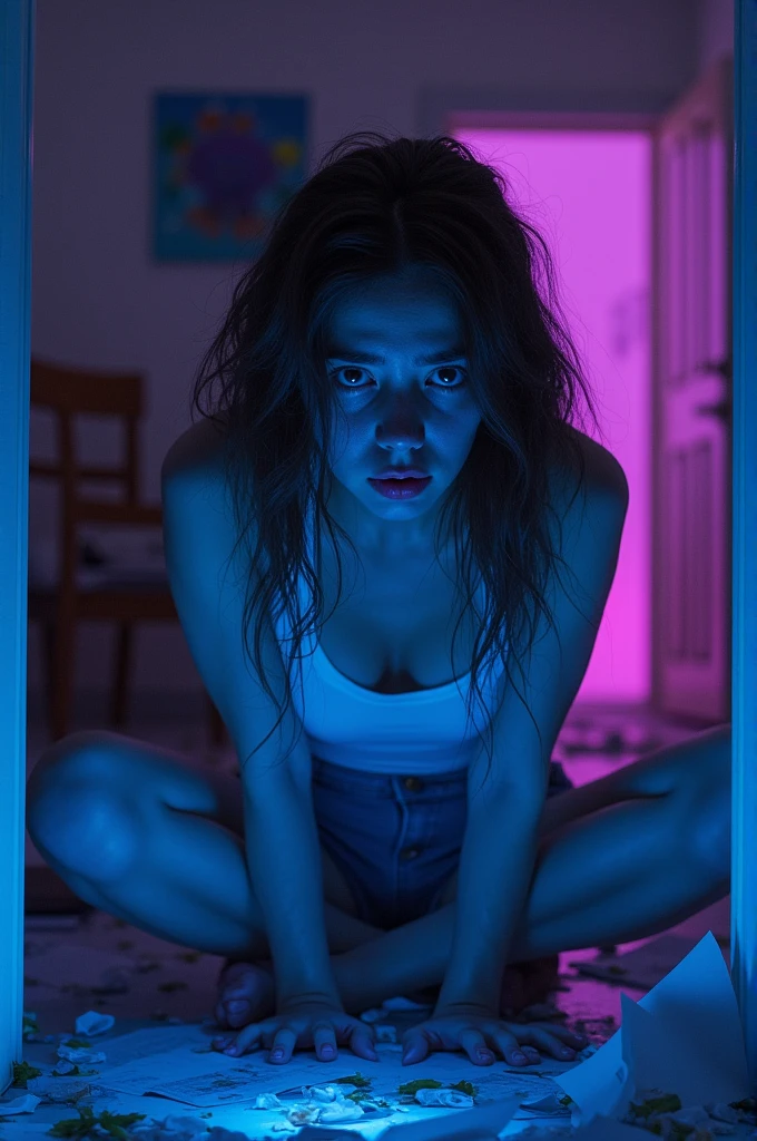 A woman, desperate with anxiety, inside a messy room with neon blue and purple colors.
