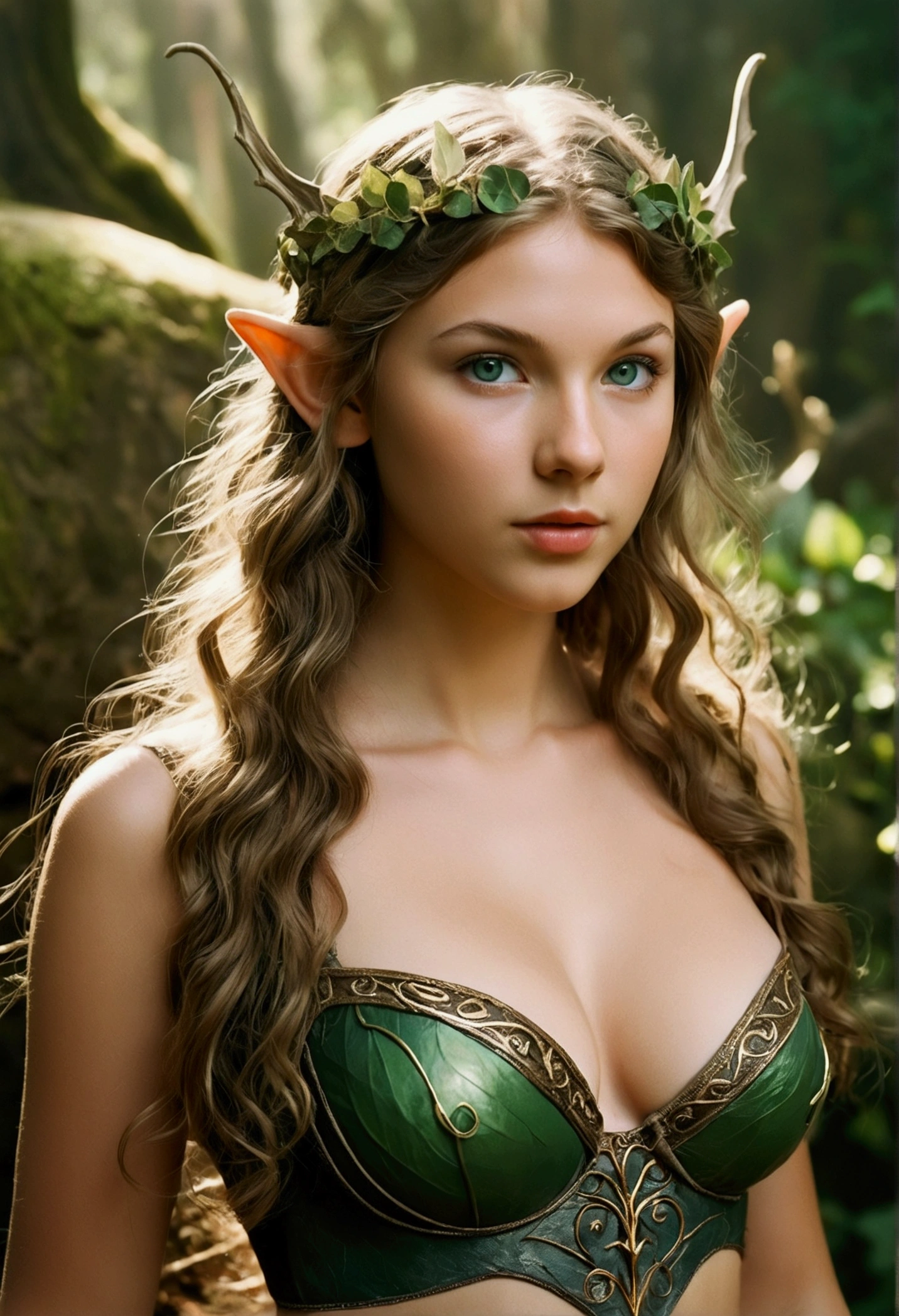 analog film photo, photo of a young elven girl, 18 years old, elf ears, jade eyes, dark, long messy waves, sun-tanned complexion, olive skintone, Amazonian stature, voluptuous hourglass figure, busty bosom, narrow waist, full hips, big plump buttocks, wearing elven lingerie, resembles Taylorr Swift, strolling through a fantasy landscape, RAW Photograph, dslr, soft lighting, high quality, film grain, Fujifilm XT3, detailed skin with visible pores, insane details, masterpiece, 8k, 35mm photograph, dslr, kodachrome, faded film, desaturated, grainy, vintage, Lomography, stained, highly detailed, found footage, close-up shot, elven ears
