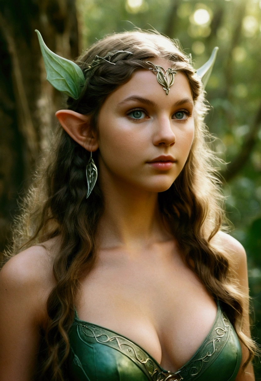 analog film photo, photo of a young elven girl, 18 years old, elf ears, jade eyes, dark, long messy waves, sun-tanned complexion, olive skintone, Amazonian stature, voluptuous hourglass figure, busty bosom, narrow waist, full hips, big plump buttocks, wearing elven lingerie, resembles Taylorr Swift, strolling through a fantasy landscape, RAW Photograph, dslr, soft lighting, high quality, film grain, Fujifilm XT3, detailed skin with visible pores, insane details, masterpiece, 8k, 35mm photograph, dslr, kodachrome, faded film, desaturated, grainy, vintage, Lomography, stained, highly detailed, found footage, close-up shot, elven ears
