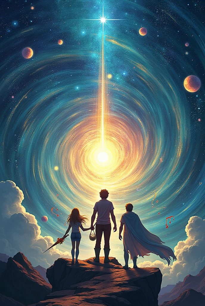 (pThe Melody of the Cosmos
Concept: The cover showcases a grand, swirling vortex of musical notes and cosmic energy, with the universe itself appearing to be shaped by the music. At the center of this vortex is Kara holding musical instrument,  Ren with a protective stance, Aric with a mysterious aura . The background is a blend of deep space and vibrant music notes, creating a sense of infinite possibilities.
Mood: Majestic, epic, and full of cosmic mystery,Dramatic, intense
Make an ebook covered based on this