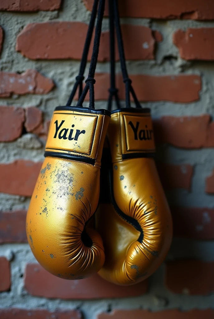 Worn gold boxing gloves with Yair's name hanging on a brick wall