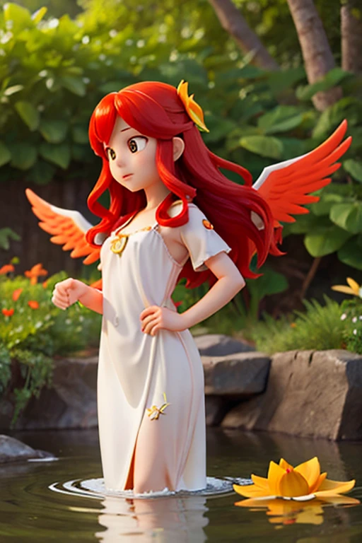 Girl in the water, Long flowing red hair, Angel Wings, orange、yellow、White lily flower