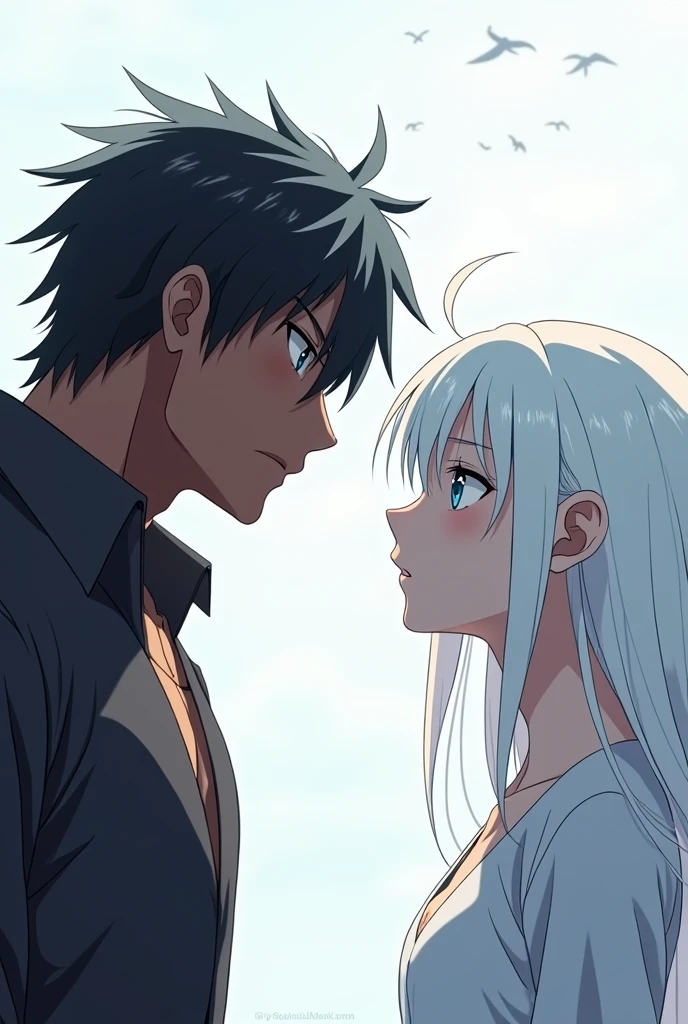 albino anime girl, white hair white skin and blue eyes, A tall, muscular, dark-skinned guy who looks serious, both anime style 