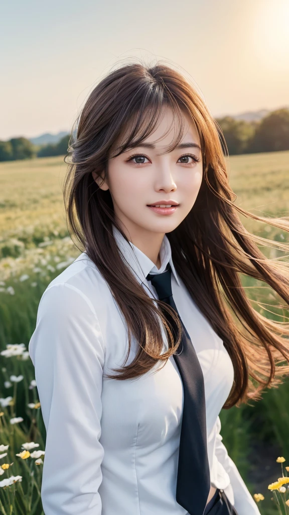 highest quality、genuine、Super detailed、finely、High resolution、8k wallpaper、one beautiful woman、、、light brown disheveled hair、wearing a business suit、sharp focus、perfect dynamic composition、beautiful and detailed eyes、thin hair、Detailed genuine skin texture、smile、model body shape、In a windswept meadow