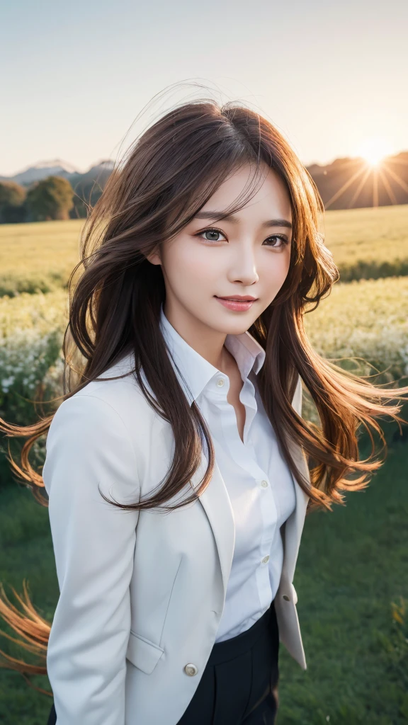 highest quality、genuine、Super detailed、finely、High resolution、8k wallpaper、one beautiful woman、、、light brown disheveled hair、wearing a business suit、sharp focus、perfect dynamic composition、beautiful and detailed eyes、thin hair、Detailed genuine skin texture、smile、model body shape、In a windswept meadow