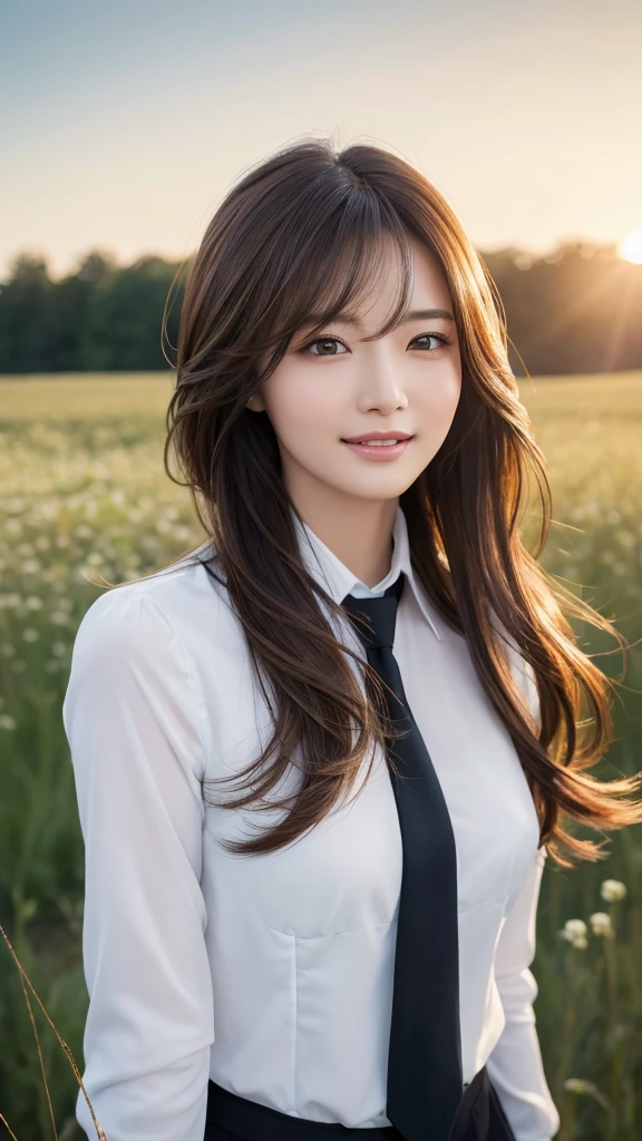 highest quality、genuine、Super detailed、finely、High resolution、8k wallpaper、one beautiful woman、、、light brown disheveled hair、wearing a business suit、sharp focus、perfect dynamic composition、beautiful and detailed eyes、thin hair、Detailed genuine skin texture、smile、model body shape、In a windswept meadow