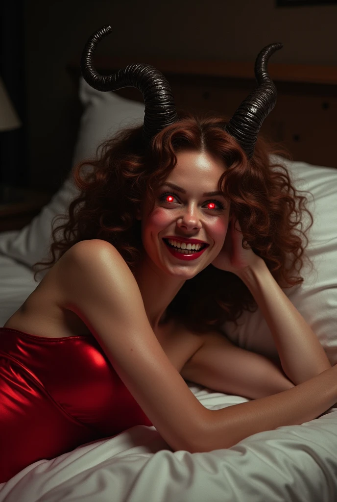 Sigourney weaver, 40 years old, ghostbusters, laying in bed seductively, shiny strapless red dress, bare shoulders, curly brown hair, seductive evil eyes, eyes glowing red, vicious grin, dark demon horns on sides of head