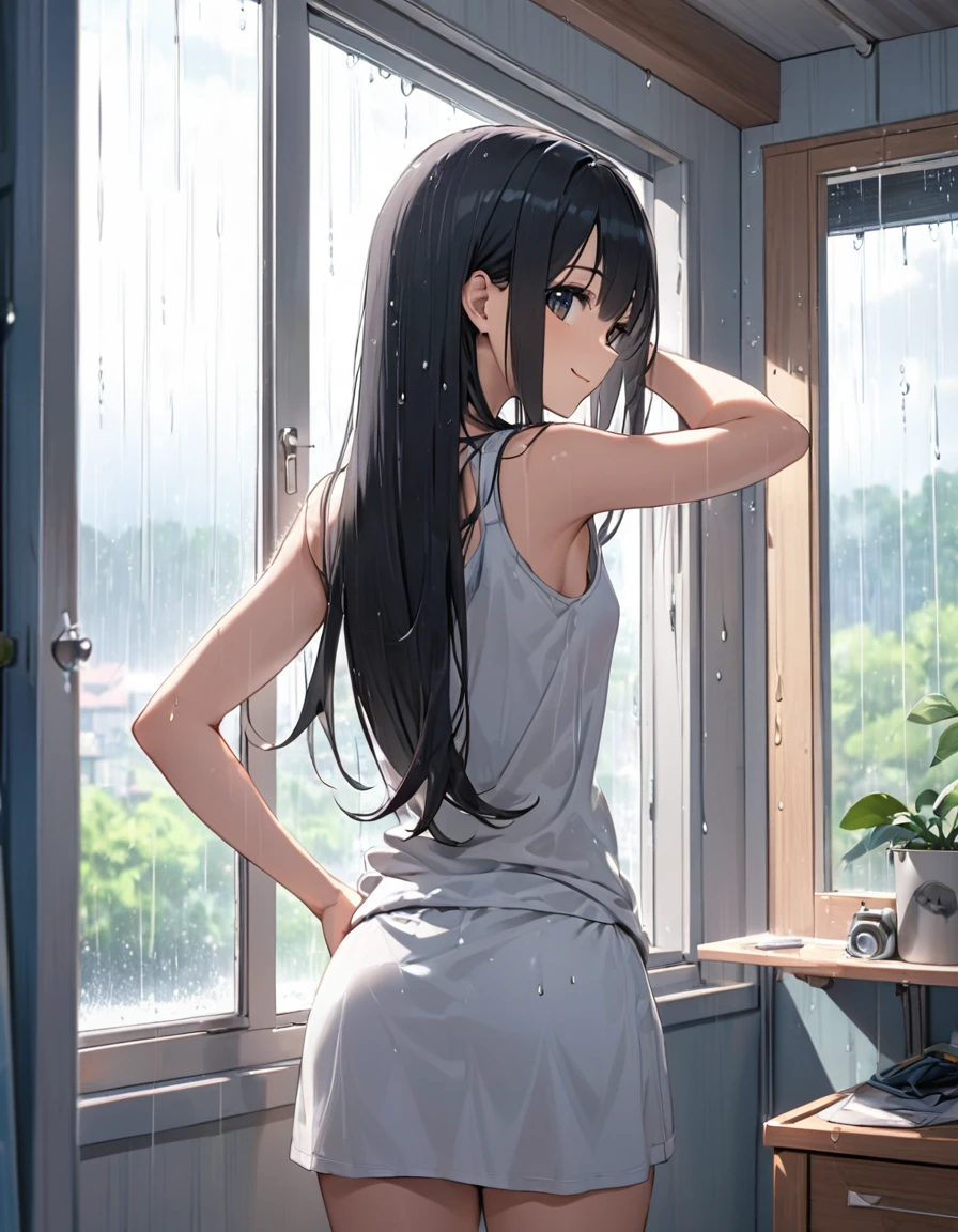 Girl,cute,cute,Chest to head,Straight Hair,Long Hair,Black Hair,Are standing,Tank top,noon,rain,Looking out the window,From the back,looking at the camera,look back,smile,Hands on hips,My Room