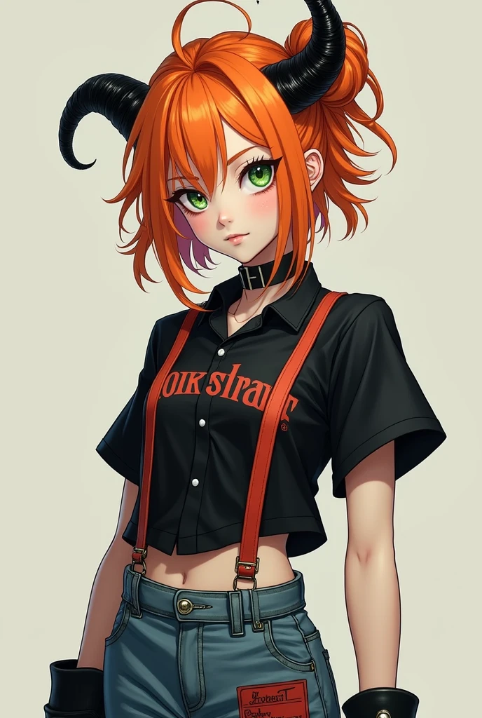 Sent by you:
I want a feminine girl with pale skin, a black shirt with suspenders, rock star letters, denim pants on the back, a red brand on the back and black boots and black gloves, loose orange hair with a donut and black horns, green eyes and pale skin and black anime sleeves.