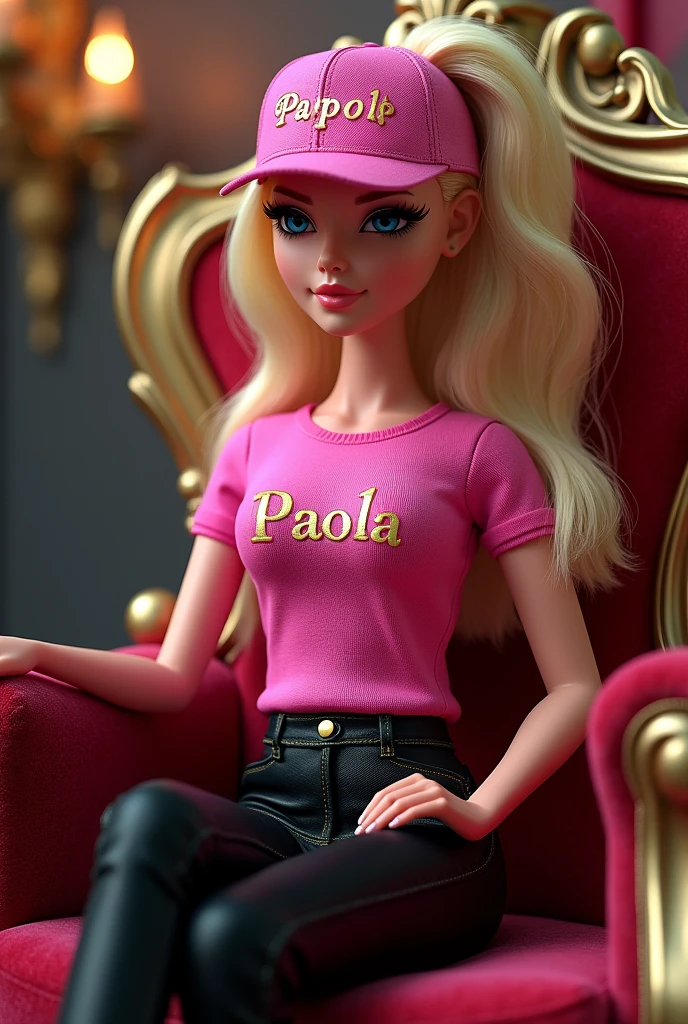 (photorealism:1.2), a bratz doll sitting on a throne she is blonde wearing a pink shirt with the word 'Paola" black pants and a cap with the word paola