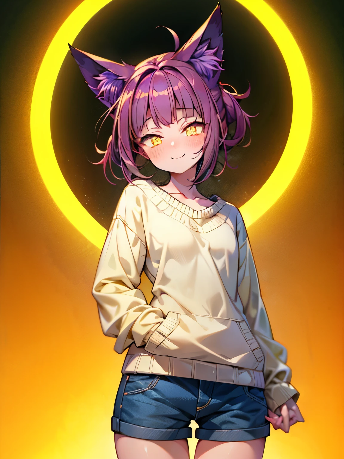 photorealistic, 1girl, saturated violet hair, orange fox ears (1.7), flat chest (1.7), puffed out her cheeks, saturated glowing bright orange eyes, cat-like pupils (2), sandy beach, denim shorts, sweater, narrow waist (2), tired but happy eyes, cutely holds hands behind back,flirts(1.6)