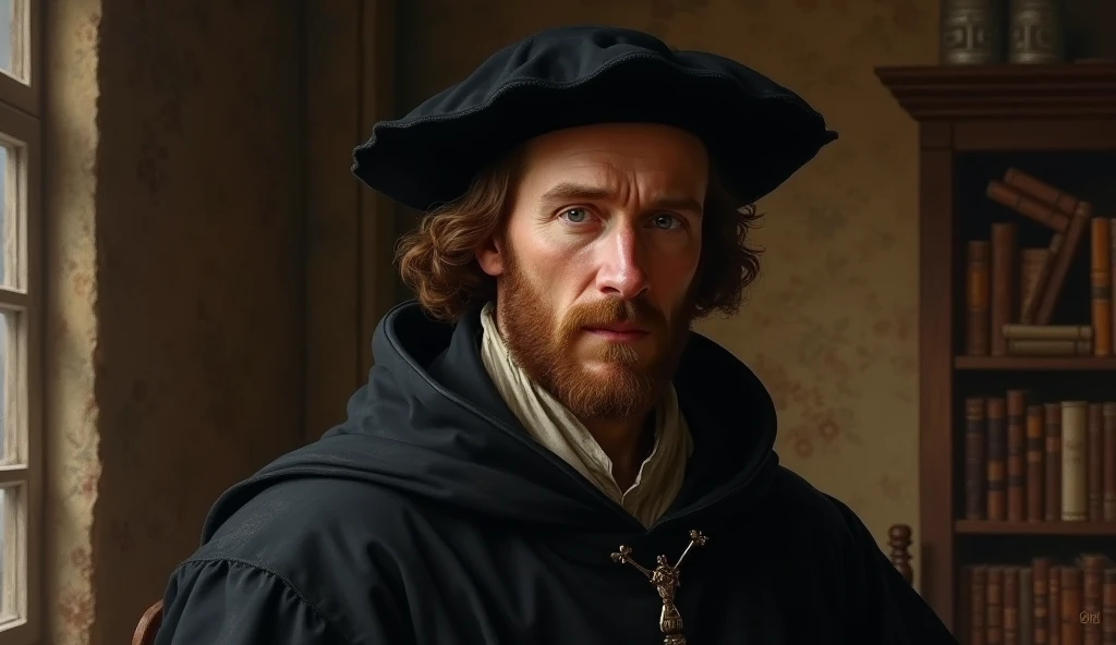 Portrait of John Calvin, the 16th-century Protestant reformer, in an era-appropriate setting. He is wearing a black hat and a cloak, with a serious and contemplative expression. Ao fundo, a library setting or an office with old books and scrolls, reflecting his theological and academic work. The lighting is soft and highlights the face and traditional clothing of the time
