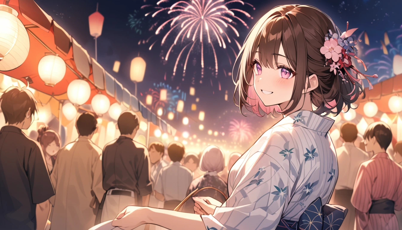 good looking, (1 person),(1 person),Medium Hair, Dark brown hair, Pink highlights on the tip, Pale pink eyes,Smile Facial,yukata,Fireworks in the night sky,festival,Meeting